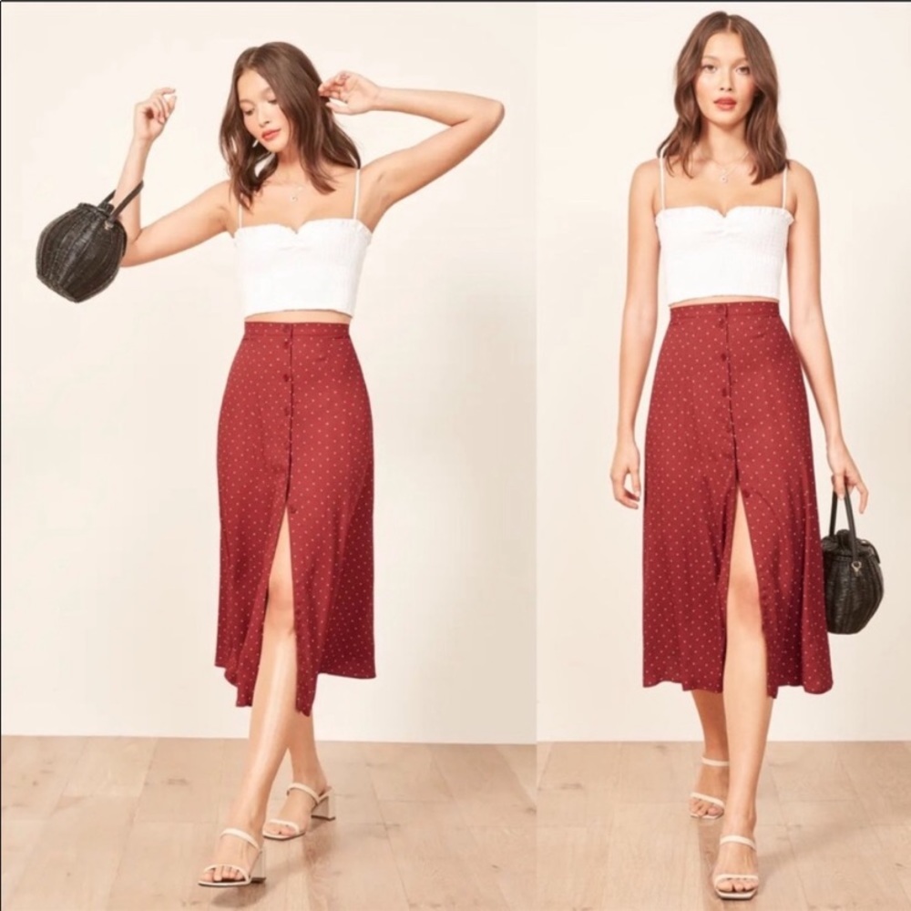 Reformation Red Polka Dot Button Skirt 8P